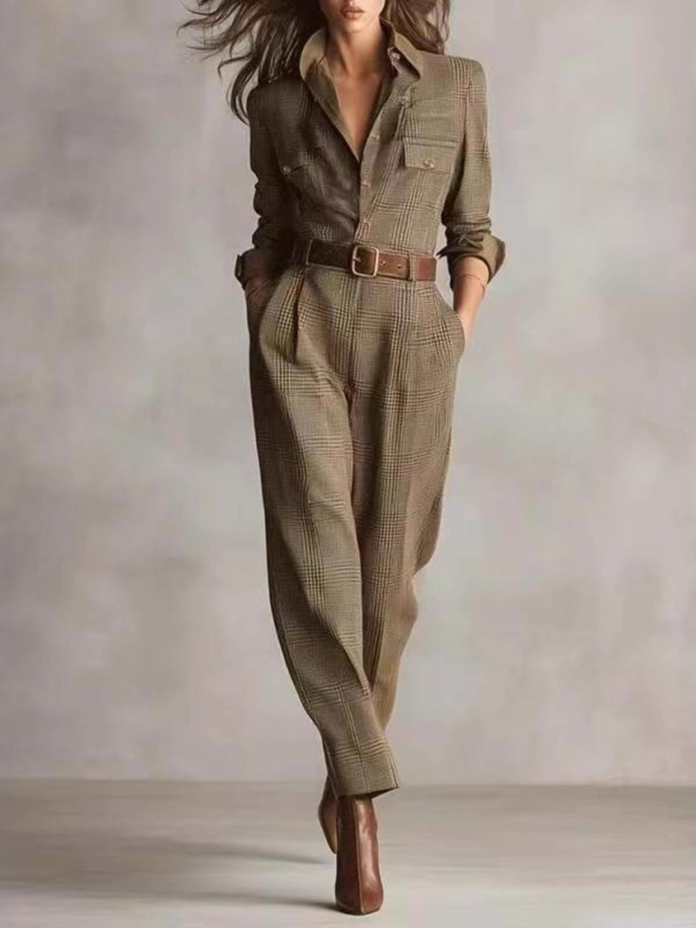 Plaid Long Sleeve Button Front Jumpsuit